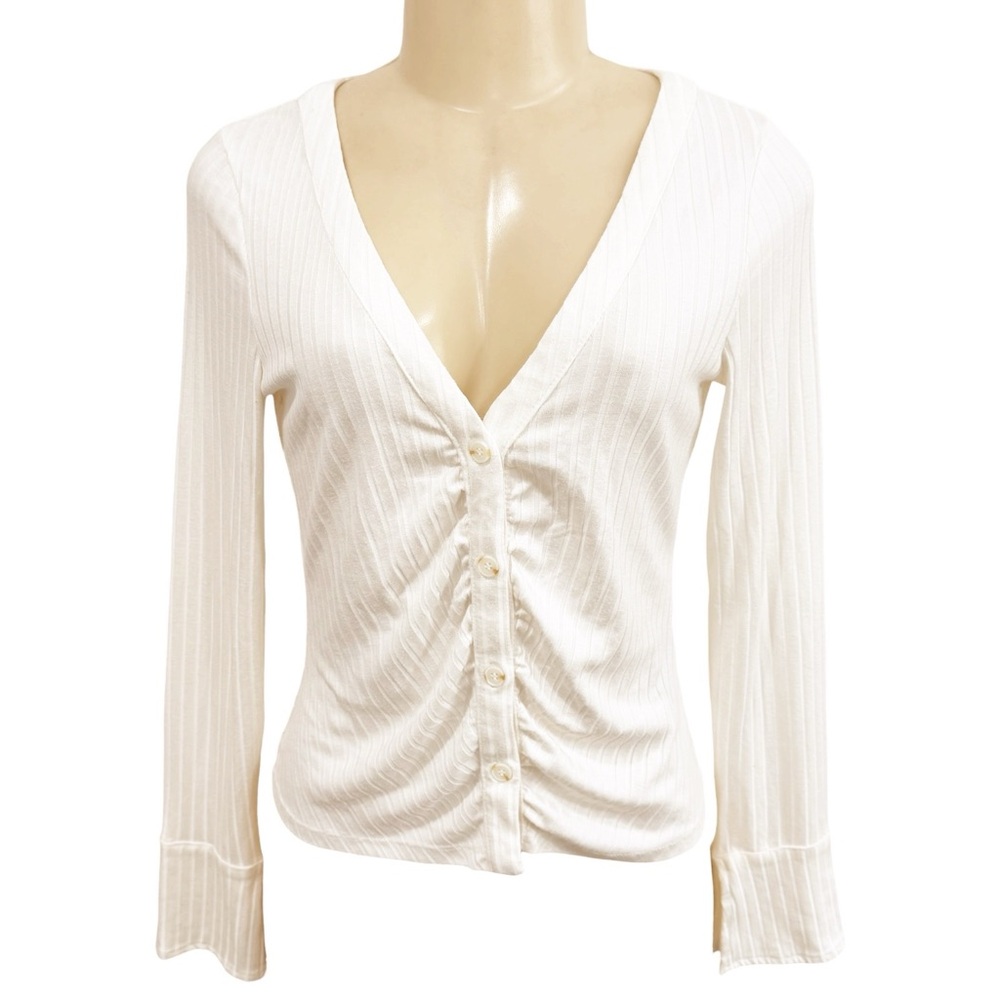 Sanctuary Wide Cuff Cream Blouse V-Neck Button Up Pleated Long Sleeve Top XS